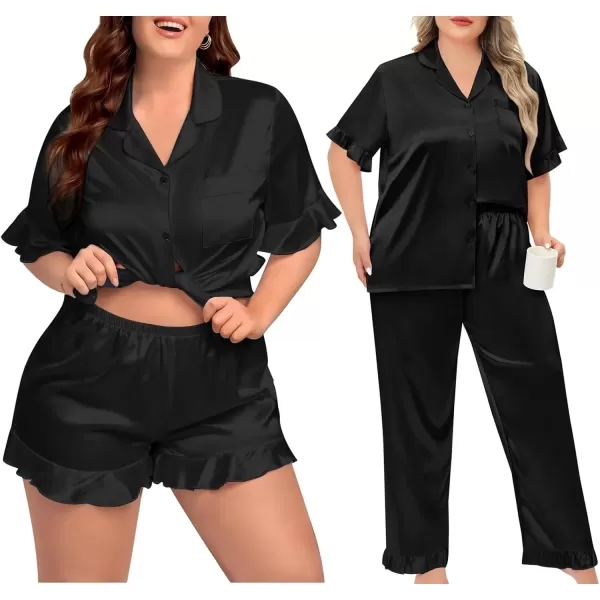 imageSWOMOG Womens Plus Size Pajamas Set Silk Satin 3Pcs Short Sleeve Loungewear Button Down Pj Sets Ruffled Sleepwear with PantsBlack