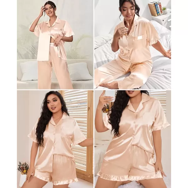 imageSWOMOG Womens Plus Size Pajamas Set Silk Satin 3Pcs Short Sleeve Loungewear Button Down Pj Sets Ruffled Sleepwear with PantsChampagne