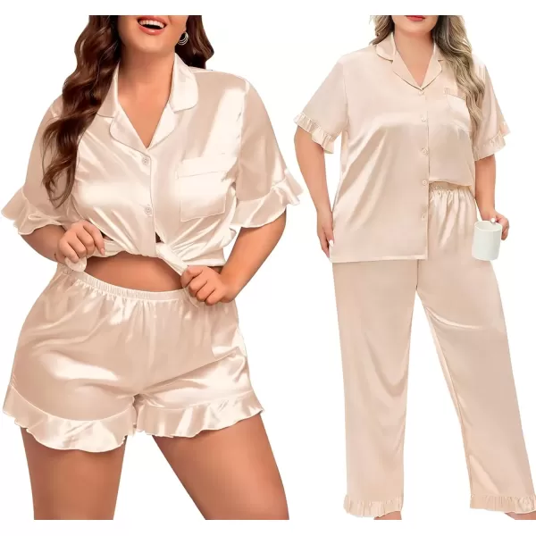 imageSWOMOG Womens Plus Size Pajamas Set Silk Satin 3Pcs Short Sleeve Loungewear Button Down Pj Sets Ruffled Sleepwear with PantsChampagne