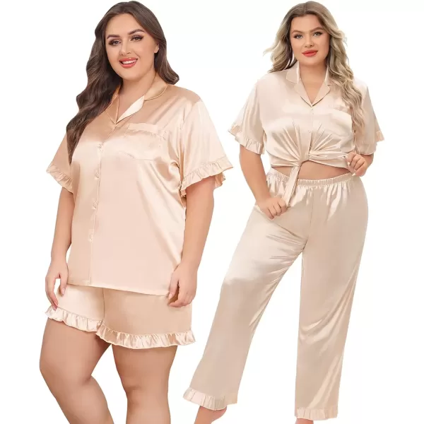 imageSWOMOG Womens Plus Size Pajamas Set Silk Satin 3Pcs Short Sleeve Loungewear Button Down Pj Sets Ruffled Sleepwear with PantsChampagne