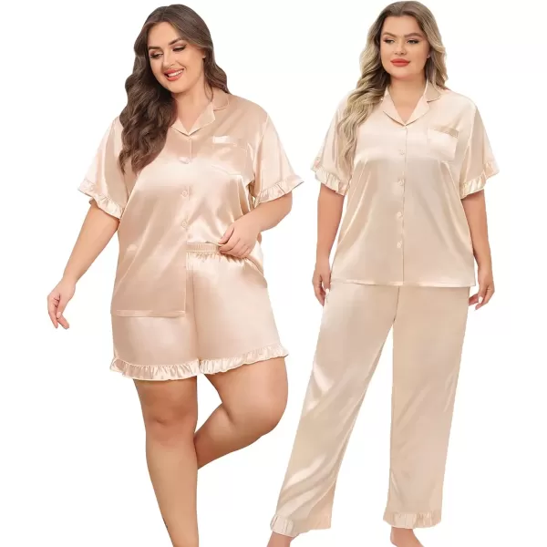 imageSWOMOG Womens Plus Size Pajamas Set Silk Satin 3Pcs Short Sleeve Loungewear Button Down Pj Sets Ruffled Sleepwear with PantsChampagne