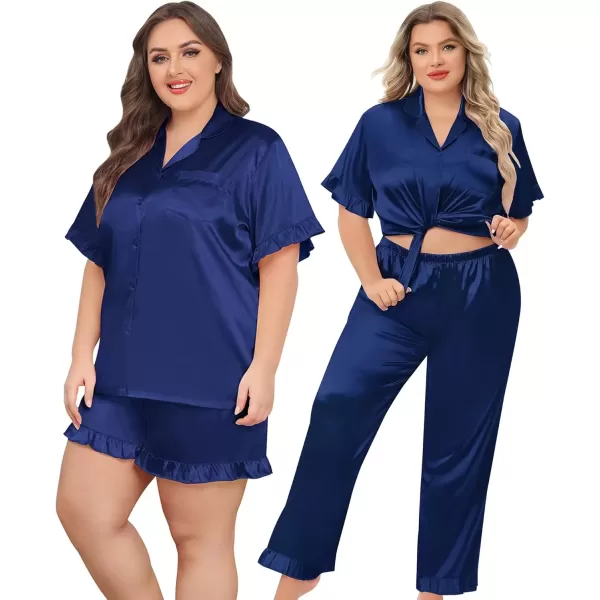 imageSWOMOG Womens Plus Size Pajamas Set Silk Satin 3Pcs Short Sleeve Loungewear Button Down Pj Sets Ruffled Sleepwear with PantsNavy Blue