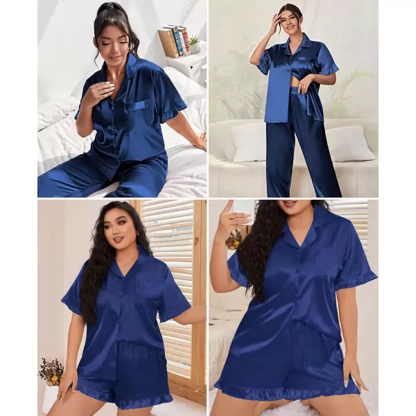 imageSWOMOG Womens Plus Size Pajamas Set Silk Satin 3Pcs Short Sleeve Loungewear Button Down Pj Sets Ruffled Sleepwear with PantsNavy Blue