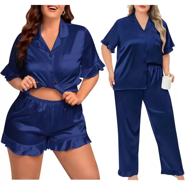 imageSWOMOG Womens Plus Size Pajamas Set Silk Satin 3Pcs Short Sleeve Loungewear Button Down Pj Sets Ruffled Sleepwear with PantsNavy Blue