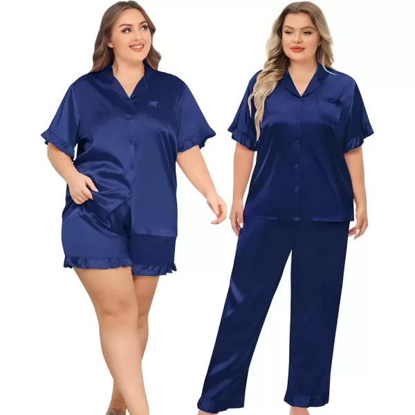 imageSWOMOG Womens Plus Size Pajamas Set Silk Satin 3Pcs Short Sleeve Loungewear Button Down Pj Sets Ruffled Sleepwear with PantsNavy Blue