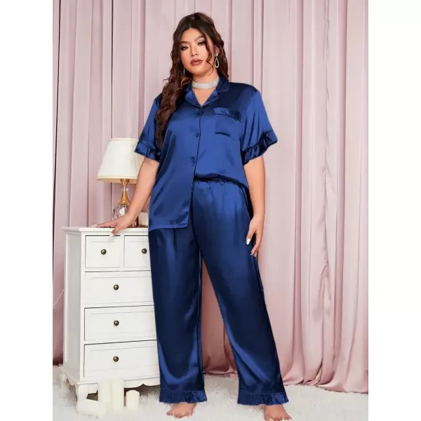 imageSWOMOG Womens Plus Size Pajamas Set Silk Satin 3Pcs Short Sleeve Loungewear Button Down Pj Sets Ruffled Sleepwear with PantsNavy Blue