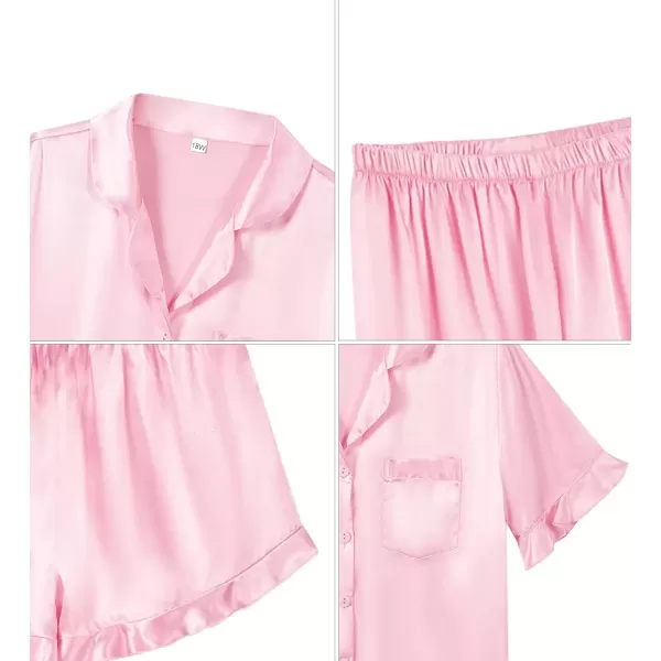 imageSWOMOG Womens Plus Size Pajamas Set Silk Satin 3Pcs Short Sleeve Loungewear Button Down Pj Sets Ruffled Sleepwear with PantsPink