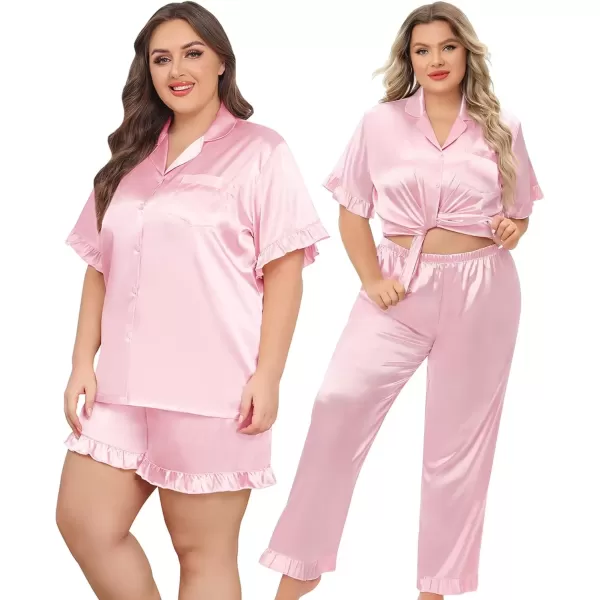 imageSWOMOG Womens Plus Size Pajamas Set Silk Satin 3Pcs Short Sleeve Loungewear Button Down Pj Sets Ruffled Sleepwear with PantsPink