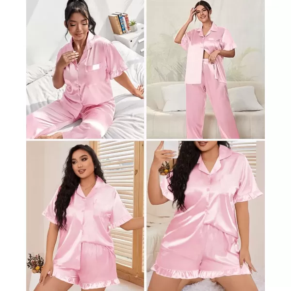 imageSWOMOG Womens Plus Size Pajamas Set Silk Satin 3Pcs Short Sleeve Loungewear Button Down Pj Sets Ruffled Sleepwear with PantsPink