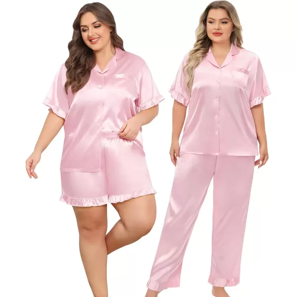 imageSWOMOG Womens Plus Size Pajamas Set Silk Satin 3Pcs Short Sleeve Loungewear Button Down Pj Sets Ruffled Sleepwear with PantsPink