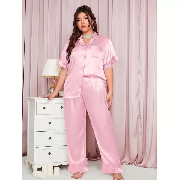 imageSWOMOG Womens Plus Size Pajamas Set Silk Satin 3Pcs Short Sleeve Loungewear Button Down Pj Sets Ruffled Sleepwear with PantsPink