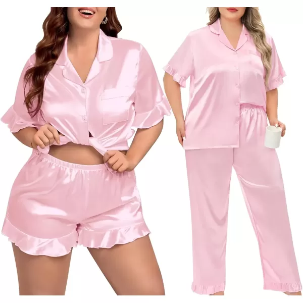 imageSWOMOG Womens Plus Size Pajamas Set Silk Satin 3Pcs Short Sleeve Loungewear Button Down Pj Sets Ruffled Sleepwear with PantsPink