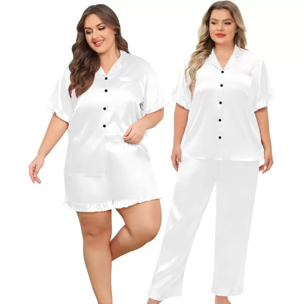 imageSWOMOG Womens Plus Size Pajamas Set Silk Satin 3Pcs Short Sleeve Loungewear Button Down Pj Sets Ruffled Sleepwear with PantsWhite