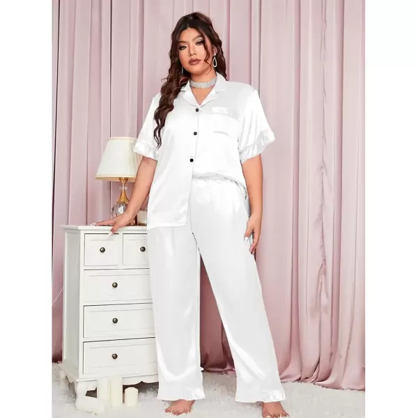 imageSWOMOG Womens Plus Size Pajamas Set Silk Satin 3Pcs Short Sleeve Loungewear Button Down Pj Sets Ruffled Sleepwear with PantsWhite