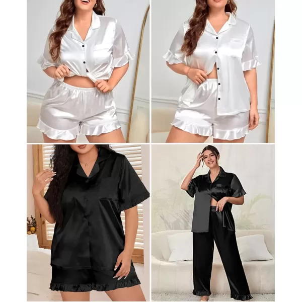 imageSWOMOG Womens Plus Size Pajamas Set Silk Satin 3Pcs Short Sleeve Loungewear Button Down Pj Sets Ruffled Sleepwear with PantsWhite