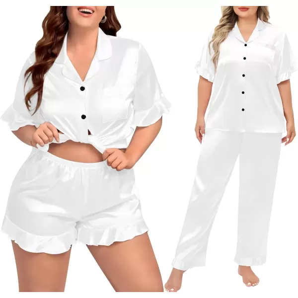 imageSWOMOG Womens Plus Size Pajamas Set Silk Satin 3Pcs Short Sleeve Loungewear Button Down Pj Sets Ruffled Sleepwear with PantsWhite