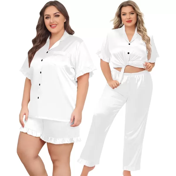 imageSWOMOG Womens Plus Size Pajamas Set Silk Satin 3Pcs Short Sleeve Loungewear Button Down Pj Sets Ruffled Sleepwear with PantsWhite