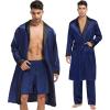 imageSWOMOG Mens 3 Pcs Robe Silk Satin Kimono Bathrobe with ShortsampampPants Set Lightweight Soft SleepwearNavy Blue