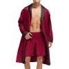 imageSWOMOG Mens Satin Robe with Shorts Set Silky Kimono Bathrobe Lightweight Soft SleepwearDark Wine Red