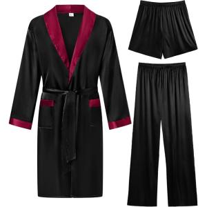 imageSWOMOG Mens 3 Pcs Robe Silk Satin Kimono Bathrobe with ShortsampampPants Set Lightweight Soft SleepwearBlack