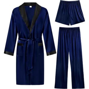 imageSWOMOG Mens 3 Pcs Robe Silk Satin Kimono Bathrobe with ShortsampampPants Set Lightweight Soft SleepwearDark Blue