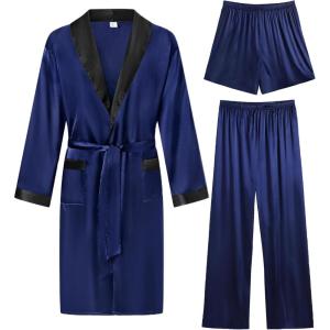 imageSWOMOG Mens 3 Pcs Robe Silk Satin Kimono Bathrobe with ShortsampampPants Set Lightweight Soft SleepwearNavy Blue