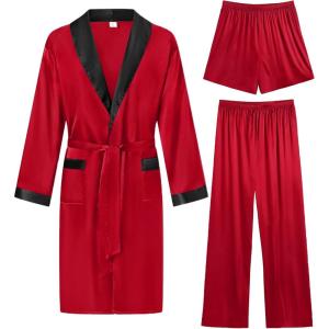 imageSWOMOG Mens 3 Pcs Robe Silk Satin Kimono Bathrobe with ShortsampampPants Set Lightweight Soft SleepwearRed