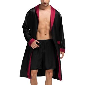 imageSWOMOG Mens Satin Robe with Shorts Set Silky Kimono Bathrobe Lightweight Soft SleepwearBlack