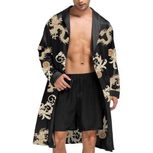 imageSWOMOG Mens Satin Robe with Shorts Set Silky Kimono Bathrobe Lightweight Soft SleepwearBlack Dragon