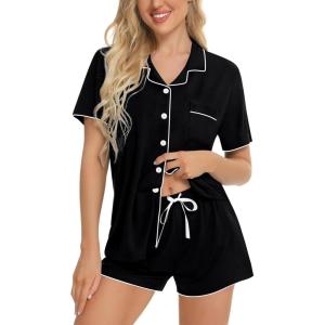 imageSWOMOG Womens Button Down Pajamas Set Short Sleeve Sleepwear Bride 2 Piece Modal Pajama Set Pjs Shorts SXXLBlack