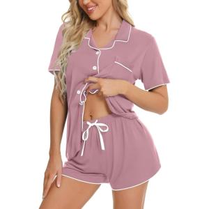 imageSWOMOG Womens Button Down Pajamas Set Short Sleeve Sleepwear Bride 2 Piece Modal Pajama Set Pjs Shorts SXXLTaro Purple