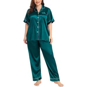 imageSWOMOG Womens Plus Size Pajamas Silk Satin Pajama Set Short Sleeve Shirt with FullLength Pants Pjs Sleepwear Set 18W26WGreen