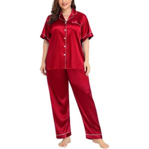 imageSWOMOG Womens Plus Size Pajamas Silk Satin Pajama Set Short Sleeve Shirt with FullLength Pants Pjs Sleepwear Set 18W26WReda
