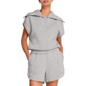 imageSWOMOG Womens Track Suits 2 Piece HalfZip Lapel Cap Sleeve Sweatshirt High Waist Drawstring Shorts with Pockets SweatsuitGrey