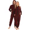 imageSWOMOG Couples Christmas One Piece Pajamas Sets Women ampamp Men Fleece Winter Loungewear ZipUp Jumpsuit with Pockets PjsRed Grid