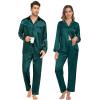 imageSWOMOG Matching Pajamas Sets for Couples 4 Pcs Silk Satin Pjs Sets Women ampamp Men ButtonDown Sleepwear Soft LoungewearDeep Green