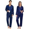 imageSWOMOG Matching Pajamas Sets for Couples 4 Pcs Silk Satin Pjs Sets Women ampamp Men ButtonDown Sleepwear Soft LoungewearNavy Blue