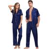 imageSWOMOG Matching Pajamas Sets for Couples 4 Pcs Silk Satin Pjs Sets Women ampamp Men ButtonDown Sleepwear Soft LoungewearNavy Blue