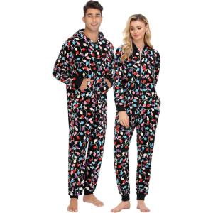 imageSWOMOG Couples Christmas One Piece Pajamas Sets Women ampamp Men Fleece Winter Loungewear ZipUp Jumpsuit with Pockets PjsColor Light
