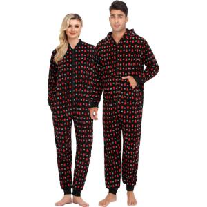 imageSWOMOG Couples Christmas One Piece Pajamas Sets Women ampamp Men Fleece Winter Loungewear ZipUp Jumpsuit with Pockets PjsSnowflake and Tree
