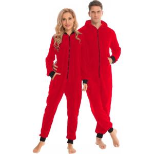 imageSWOMOG Couples Christmas One Piece Pajamas Sets Women ampamp Men Fleece Winter Loungewear ZipUp Jumpsuit with Pockets PjsSolid Red