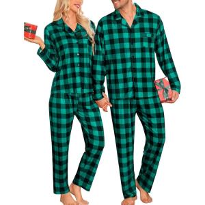 imageSWOMOG Matching Couple Pajamas Christmas Pjs Long Sleeve Holiday Sleepwear Lightweight Soft Loungewear for Men and WomenGreen Black Plaid