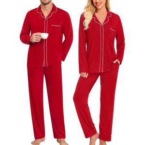 imageSWOMOG Matching Couple Pajamas Christmas Pjs Long Sleeve Holiday Sleepwear Lightweight Soft Loungewear for Men and WomenRed