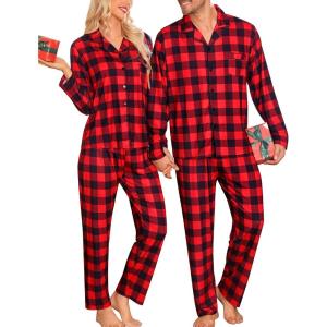 imageSWOMOG Matching Couple Pajamas Christmas Pjs Long Sleeve Holiday Sleepwear Lightweight Soft Loungewear for Men and WomenRed Black Plaid