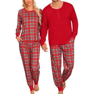 imageSWOMOG Matching Couple Pajamas Christmas Pjs Long Sleeve Holiday Sleepwear Lightweight Soft Loungewear for Men and WomenRed Green Plaid