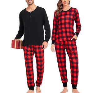 imageSWOMOG Matching Couple Pajamas Christmas Pjs Long Sleeve Holiday Sleepwear Lightweight Soft Loungewear for Men and WomenRed Plaid