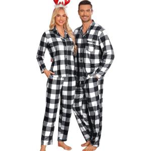 imageSWOMOG Matching Couple Pajamas Christmas Pjs Long Sleeve Holiday Sleepwear Lightweight Soft Loungewear for Men and WomenWhite Big Plaid