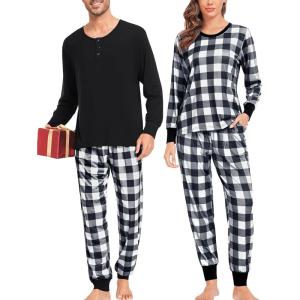imageSWOMOG Matching Couple Pajamas Christmas Pjs Long Sleeve Holiday Sleepwear Lightweight Soft Loungewear for Men and WomenWhite Plaid