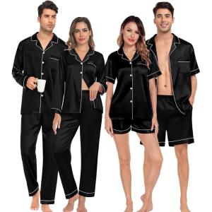 imageSWOMOG Matching Pajamas Sets for Couples 4 Pcs Silk Satin Pjs Sets Women ampamp Men ButtonDown Sleepwear Soft LoungewearBlack