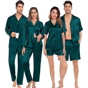 imageSWOMOG Matching Pajamas Sets for Couples 4 Pcs Silk Satin Pjs Sets Women ampamp Men ButtonDown Sleepwear Soft LoungewearDeep Green